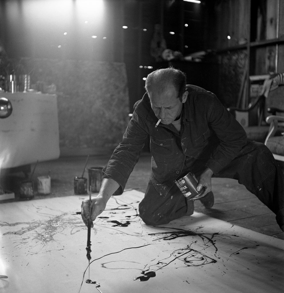 Jackson Pollock worked in his Long Island studio, 1949. Jackson Pollock working in his Long Island studio in 1949, as part of a post-war effort to bolster the art market during recession.