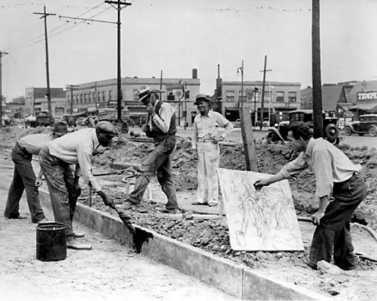 As part of the WPA Federal Art Project to boost the art market during recession, Michigan artist Alfred Castagne sketches WPA construction workers in 1939.