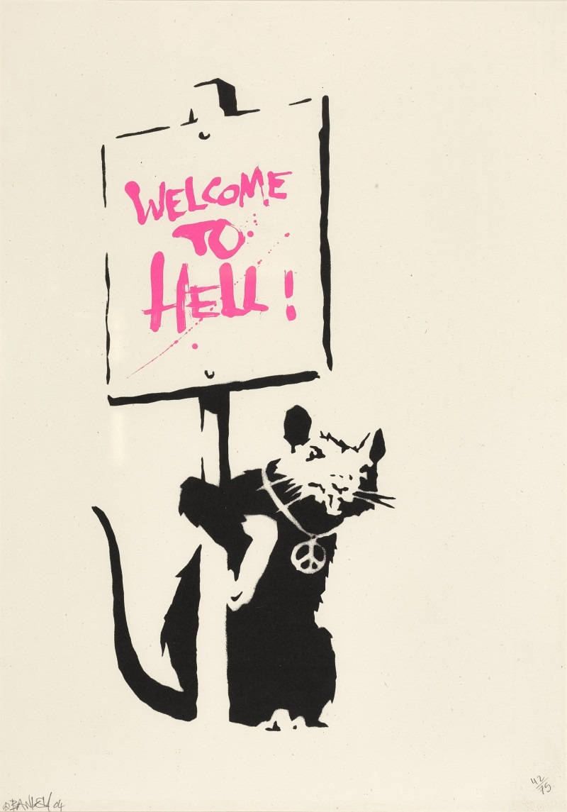 This 2004 Banksy screenprint shows a rat with a peace necklace holding a pink sign reading, Welcome to Hell. Banksy print prices have steadily risen over the last decade.