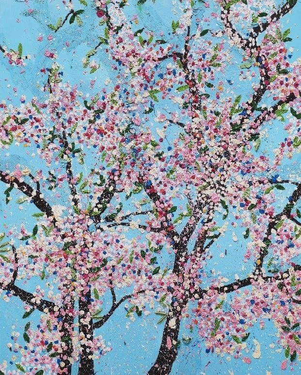 This limited edition fine art print by Damien Hirst, Politeness (2021), is a Laminated Giclée Print on Aluminium Composite Panel, depicting cherry blossoms against a blue sky