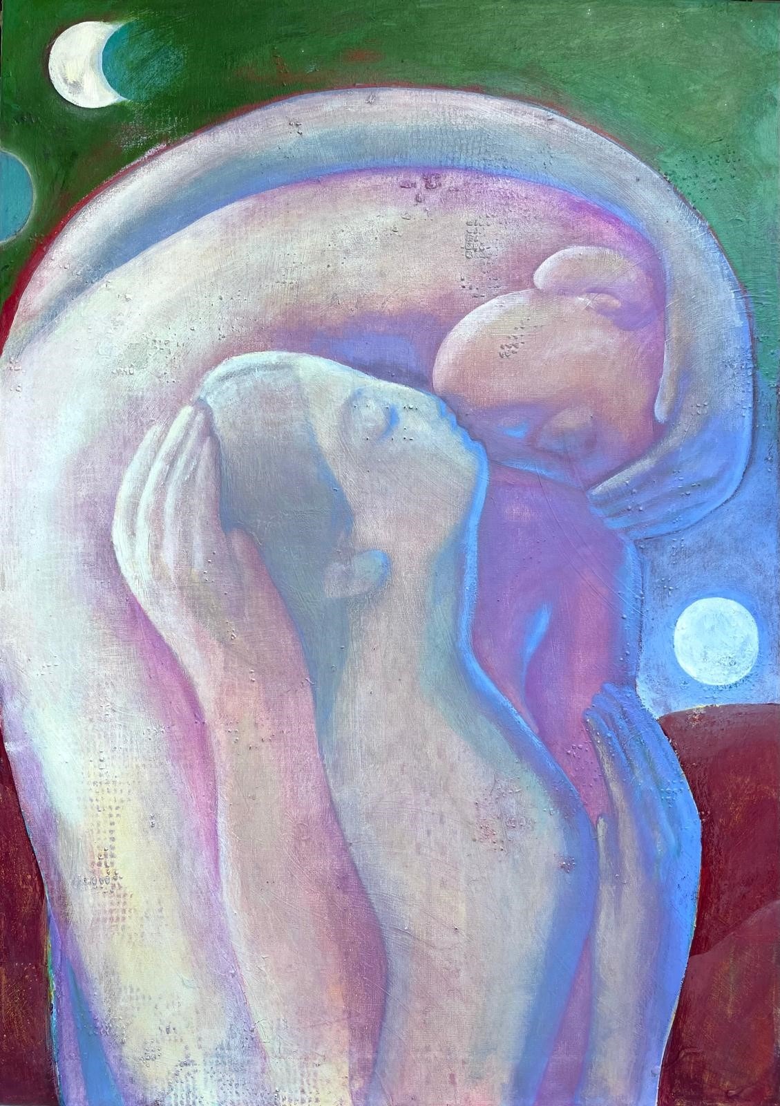 In modern Naive art style, a couple embrace in a kiss, with long arms wrapping around under the light of 2 moons in Lunas (2025), by famous Naive artist Miriam Dema.