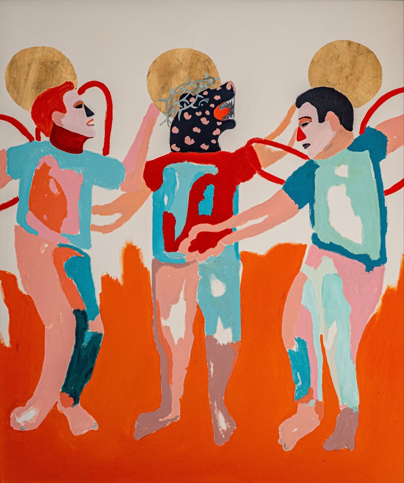 Colourful people, painted in a Naive abstract art style, seem to dance together in Crocifissione di Gesù e i Due Ladroni (2024) by Alessandro Florio