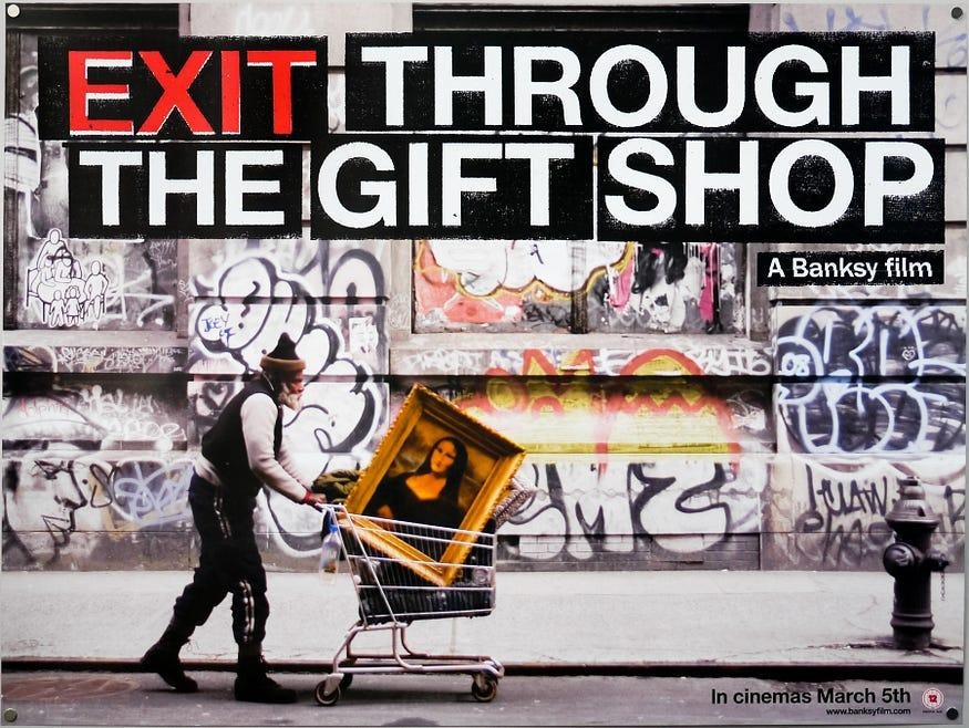 The poster for Banksy’s documentary Exit Through the Gift Shop shows a man pushing a shopping trolley with the Mona Lisa inside.